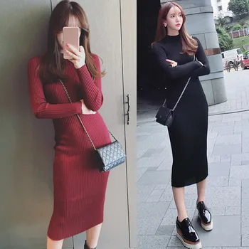 Kadın Kore Versiyonu İnce Yüksek Boyun uzun elbise Uzun Kollu Kokteyl Parti İçin Dar Fan Elbise