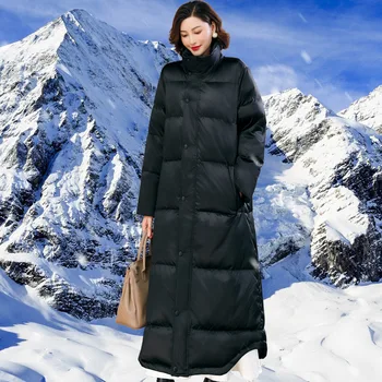 Kalite Sustans Kış Kadın Parkas Uzay Pamuk Uzun Ceket Fermuar Düğmeleri Siyah Kalın Ceket X-Uzun Palto Cepler Rahat