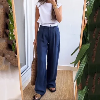 2023 Kadın Moda Düz Renk İki Parçalı Takım Elbise kadın Kolsuz O-boyun Yelek Üst Düğme Yüksek Bel Gevşek Geniş Bacak Pantolon Takım Elbise