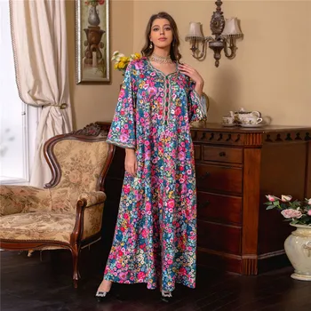 Ramazan Bayram Çiçek Baskı Abaya Kadınlar Müslüman Moda Maxi Elbiseler Türkiye Arap Elbise İslam Parti Fas Jalabiya Kaftan Giyim
