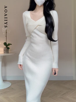 Aoaıys Elbiseler Kadınlar için Elbise 2023 Sonbahar Kış Kore İnce Örme Streç Katı V Yaka Yüksek Belli Elbise Orta Buzağı Giyim
