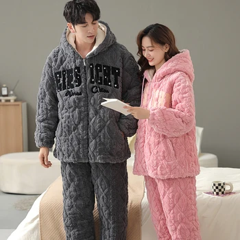 Yeni Kış Kapşonlu Pijama Seti Çift Erkek Kadın Pijama 3 Katmanlı Klip Pamuk Ev Takım Elbise
