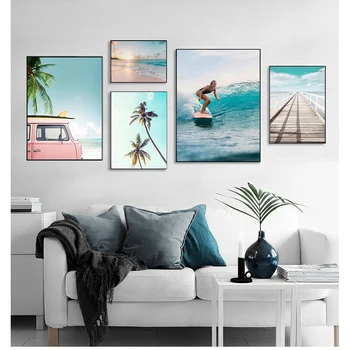s Ve Baskılar Duvar Resimleri İçin Oturma Odası Dekor Sörf Kız Köprü Deniz Plaj Manzara duvar sanatı tuval yağlıboya İskandinav