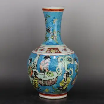 Gök Mavisi Seramik Vazo Dekoratif Pastel Karakter Çin Bayan Figürü Çiçek Vazo Retro Rustik Vazo 17 İnç Çin Yeşil Mavi