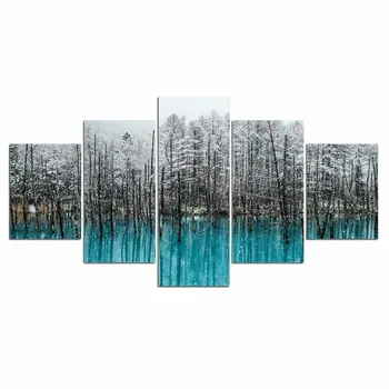 5 Adet Kar Göl Ağaçları Orman Modern Dekor Tuval Duvar Sanatı HD Baskı Resimleri Resimleri Yok Çerçeveli Oda Dekor 5 Adet Poster
