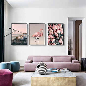 Modern Flamingo Zebra Deniz Pembe Çiçekler Tuval Boyama Duvar Sanatı İskandinav Posterler ve Baskılar Duvar Resimleri ıçin Oturma Odası Dekor