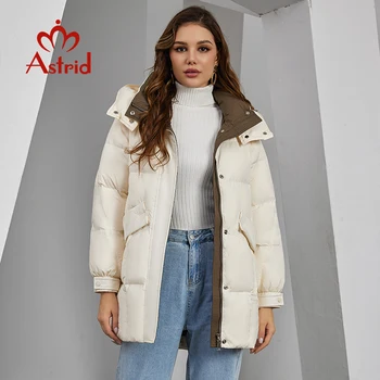 Astrid kadın Kış Ceket Kapşonlu Kontrast Renk Orta Uzun Parkas Dolgu Kirpi Kapitone Ceket Aşağı Ceket Kalın Kadın Giyim