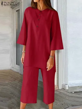 ZANZEA Moda 2 adet Pantolon Setleri Kadınlar 3/4 Kollu Eşofman Tatil Düğmeleri O-Boyun Setleri Rahat Elastik Bel Kırpılmış Pantolon Takım Elbise