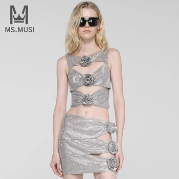 MSMUSI 2024 Yeni Moda Kadınlar Seksi 3D Çiçek Gül Elmas Hollow Out Tank Top Bodycon Mini Etek Kolsuz 2 Parça Set Vestidos