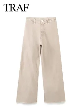 TRAF Moda kadın Zarif Cep günlük pantolon Streetwear Kadın Düz Renk Geniş Bacak Yüksek Bel Düz bol uzun pantolon