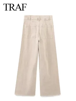 TRAF Moda kadın Zarif Cep günlük pantolon Streetwear Kadın Düz Renk Geniş Bacak Yüksek Bel Düz bol uzun pantolon