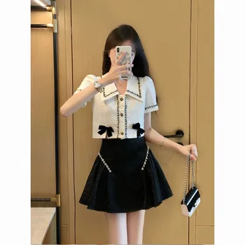 Tatlı Yay Gömlek Pilili Etek İki parçalı Set Kadın Kore Polo Boyun Moda Açık Çizgi Kabarcık Kollu Kolej Yaz Kadın Takım Elbise