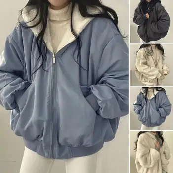 Kış Kadın Kalınlaşmak Sıcak kapüşonlu ceket Büyük Boy Çift Taraflı Pamuk Y2k fermuarlı ceket Moda Rahat Gevşek kadın Giyim