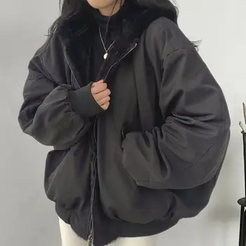 Kış Kadın Kalınlaşmak Sıcak kapüşonlu ceket Büyük Boy Çift Taraflı Pamuk Y2k fermuarlı ceket Moda Rahat Gevşek kadın Giyim