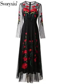 Svoryxiu Pist Moda İlkbahar Yaz Vintage Muhteşem Gül Nakış Ayak Bileği Uzunlukta Elbise kadın Uzun Kollu Yüksek Bel Elbise