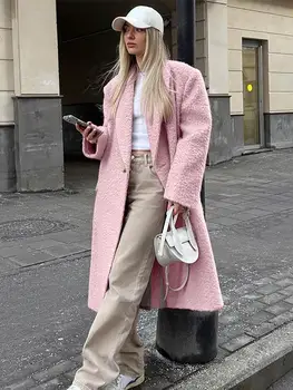 Tatlı Katı kadın Yün Kalın Palto Zarif Özel Boyun Tek düğmeli Cep Uzun Ceket 2023 Kış Bayan Moda Giyim