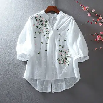 2023 Yeni Varış Yaz Kadın Rahat Gevşek Fit Casual Çiçek Nakış V Yaka Bluz Kısa Kollu Dantel Patchwork Gömlek P629
