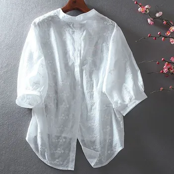 2023 Yeni Varış Yaz Kadın Rahat Gevşek Fit Casual Çiçek Nakış V Yaka Bluz Kısa Kollu Dantel Patchwork Gömlek P629