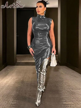Cilt Bodycon Elbise Kadınlar Yarım Yüksek Yaka Düzensiz Katı Siyah Clubwear Kolsuz Seksi Elbiseler Kadın Moda Streetwear
