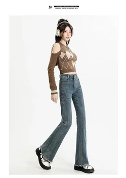 Vintage Baharatlı Baharatlı Kot kadın 2024 Sonbahar Ve Kış Yeni Pantolon Dikiş Çapak Yüksek Bel At Nalı Patlama Flare Pantolon
