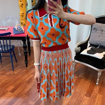 kadın Yaz Retro Yaka Gevşek Puf Kollu Kazak + Yüksek Bel Pilili Etek Kontrast Renk Takım Elbise Moda Rahat Y661
