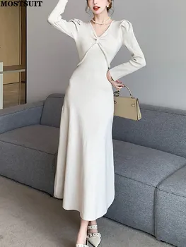 Vintage Zarif Örme uzun elbise Kadınlar Tam Kollu V Yaka Elbiseler 2024 Bahar Şık Katı Seksi Moda Vestidos Mujer