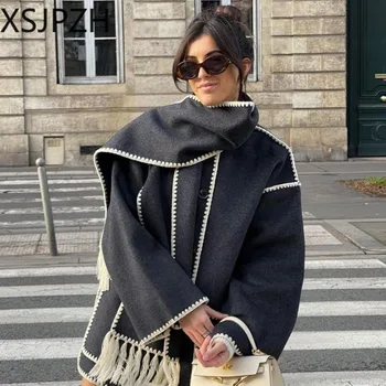 Kadın Uzun Kollu Cep Tek Göğüslü Palto Yeni Kış Bayan Dış Giyim Ceket 2023 Sonbahar Zarif kadın Ceket Eşarp