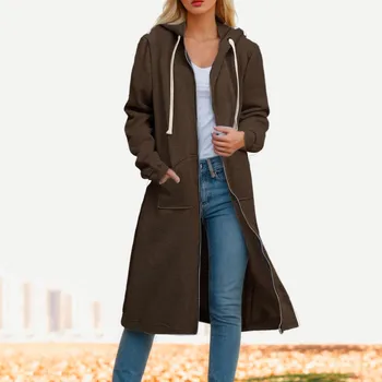 Sonbahar Kış Rahat Kadın Trençkot Gevşek Uzun Kollu Uzun Hoodies Kapşonlu fermuarlı ceket Büyük Boy Kış Ceket Dış Giyim