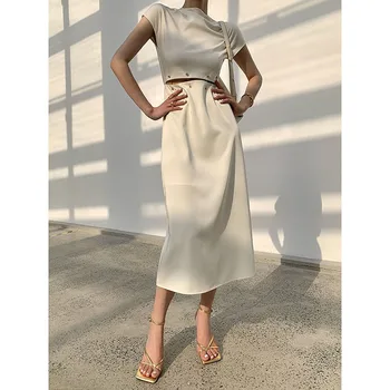 2023 Yaz Kadın Zarif Bej uzun elbise Kadın Giyim Moda Yuvarlak Boyun Kısa Kollu Yüksek Bel Hollow Out Midi Elbiseler