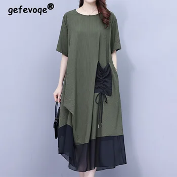 Kadınlar için yaz giysileri Moda Patchwork Büzgü Kore Yuvarlak Boyun Üç Boyutlu Dekorasyon Kısa Kollu Orta Uzunlukta Elbise