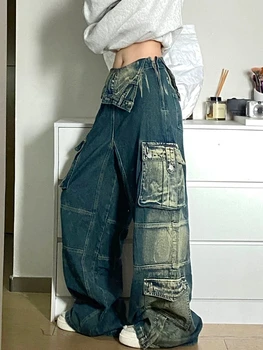 Retro Amerikan Artı boyutu Yıkama Tulum Kot Kadın Y2K Yüksek Sokak Punk Flanş Tasarım Düz Gevşek Geniş bacak Damla Pantolon