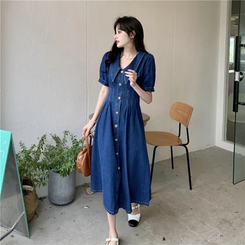 Yaz V Yaka Denim Elbise Kadın Tek Göğüslü Kısa Kollu A-line Mavi Uzun Etek Kadın Rahat Moda 5XL Jean Elbiseler