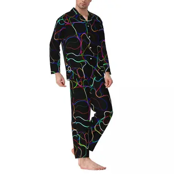 Kıvrımlı Çizgiler Pijama Erkek Renkli Baskı Güzel Gece Pijama Sonbahar 2 Adet Rahat Büyük Boy Özel Ev Takım Elbise