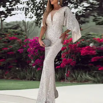 2024 Parti Gümüş Pullu Fishtail Elbise Zarif V Boyun Eklenmiş Yarasa Kollu İnce Elbise Seksi Bayanlar Mizaç Uzun Gece Elbisesi