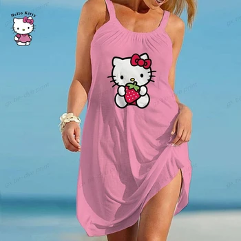Kadın Yaz Spagetti Kayışı Ruffles Elbise Kolsuz Parti Sundress Gevşek rahat elbise Plaj Hello Kitty Vestidos 2023
