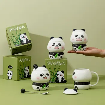 400ml Karikatür Panda Kupa Seramik Kahve kapaklı kupa ve Kaşık Hediye Yaratıcı Ev Kupalar Su Bardağı