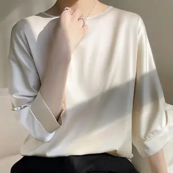 Kadın Hafif Gömlek Şık kadın O-boyun Batwing Bluz Gevşek Fit Saten Gömlek Tops Zahmetsiz Streetwear Stil