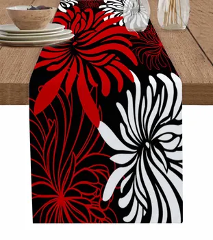 Kırmızı Siyah Beyaz Çiçek Krizantem Keten Masa Koşucu Mutfak Masa Dekorasyon Çiftlik Evi Yemek Masa Örtüsü Düğün Parti Dekor