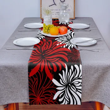 Kırmızı Siyah Beyaz Çiçek Krizantem Keten Masa Koşucu Mutfak Masa Dekorasyon Çiftlik Evi Yemek Masa Örtüsü Düğün Parti Dekor