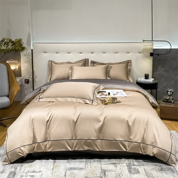 Düz renkli yatak seti Mısır Pamuk Şerit Nakış Yorgan / Nevresim Düz / lastikli çarşaf Yastık Kılıfı Ev Tekstili