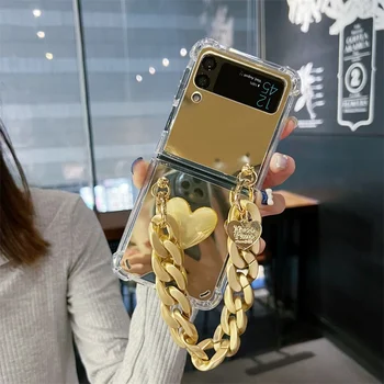 Lüks Moda Taşınabilir Kalın Altın Zincir 3D Aşk Kalp telefon samsung kılıfı Galaxy 5 4 3 5G makyaj aynası Darbeye Dayanıklı Kapak