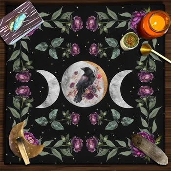 Üçlü Ay Raven Sunak Kumaş Tarot Masa Örtüsü Yaymak İçin Tarot Okuma Bezi Çiçek Goblen Büyücülük Kurulu Oyun Kartı Pedi