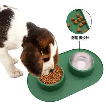 Kaymaz Çift Köpek Kase Silikon Mat ile Dayanıklı Paslanmaz Çelik Su mama besleyici Evcil Hayvan Besleme İçme Kaseleri Köpekler Kediler için