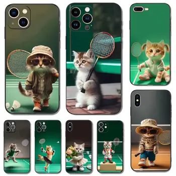 Sevimli Badminton Kedi Telefon Kılıfı için iPhone, Siyah Kabuk, iPhone 11, 12 Mini, 13, 14, 15 Pro, XS Max, X, 8, 7 Artı, SE, XR