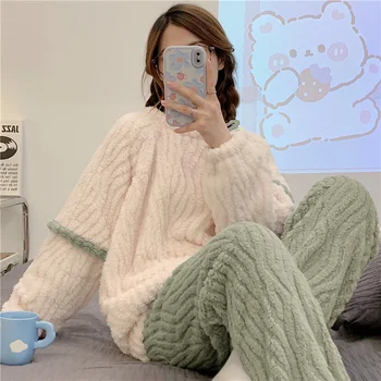 Düz Renk Basit Uzun Kollu Sıcak Kazak Pazen Pijama Seti Kış Yeni Basit Konfor Kalın kadın Ev Gece Kıyafetleri