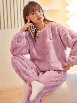 Düz Renk Basit Uzun Kollu Sıcak Kazak Pazen Pijama Seti Kış Yeni Basit Konfor Kalın kadın Ev Gece Kıyafetleri