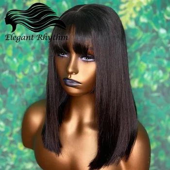 Düz Bob 3X1 HD Dantel Peruk Patlama İle 180 % Yoğunluk Doğal Siyah Tutkalsız Saçak Peruk Brezilyalı İnsan Saç Siyah Kadınlar İçin