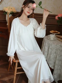 Kadın İlkbahar Sonbahar Uzun Kollu Vintage Victoria Nightgowns Gecelik Pamuk Ruffles Peri Pijama Fransız Prenses Pijama
