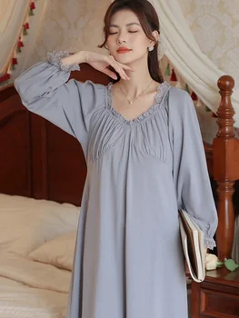 Kadın İlkbahar Sonbahar Uzun Kollu Vintage Victoria Nightgowns Gecelik Pamuk Ruffles Peri Pijama Fransız Prenses Pijama