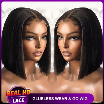 Kısa Bob peruk insan saçı Düz 5x5 Tutkalsız HD Dantel Kapatma Peruk Kadınlar için Ön Kesim Brezilyalı Saç 250 Yoğunluk Ön Koparıp